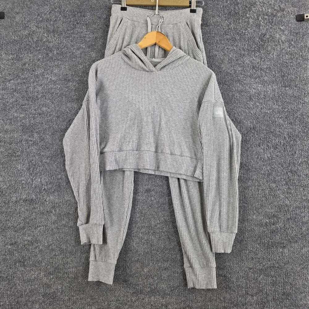 Alo Yoga Tracksuit Women Small Muse Ribbed Hoodie Jogger Gray Sweatpants Lounge